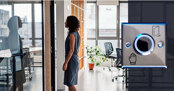 Woman walking to exit with request to exit device showing